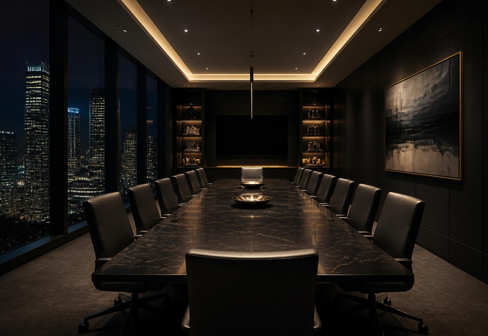 Executive boardroom overlooking a financial district at night